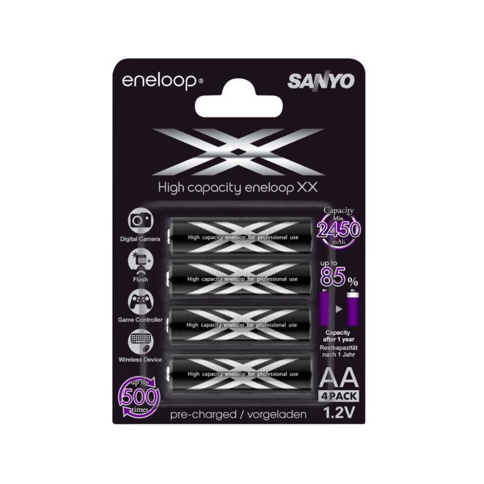 4 pk Sanyo Eneloop XX AA 1,2V (1,5V) 2500mAh. Ladbart - Klar til bruk!