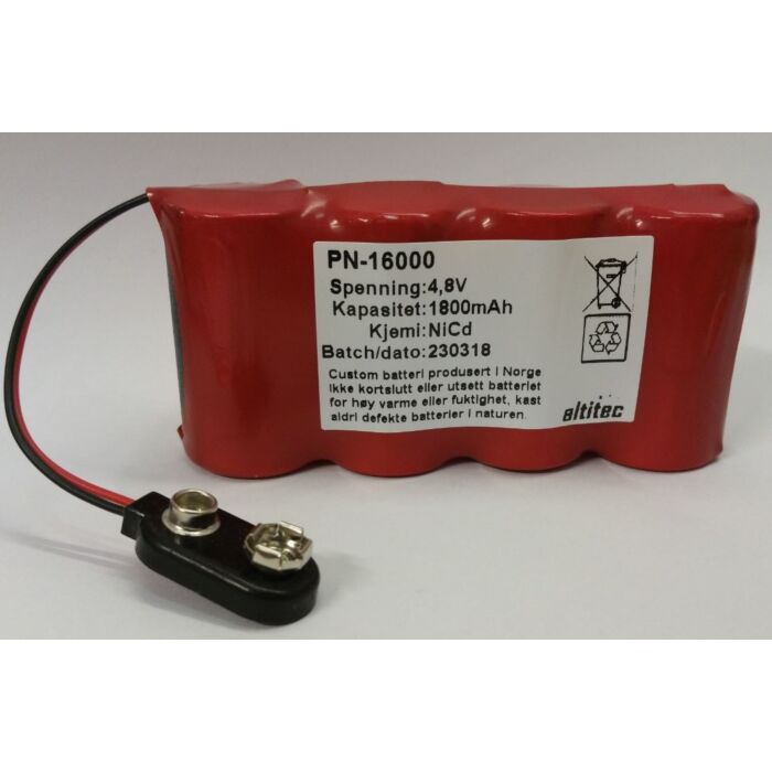 4,8V 1,8Ah Ni-CD Batteripakke med 9V Batterikontakt