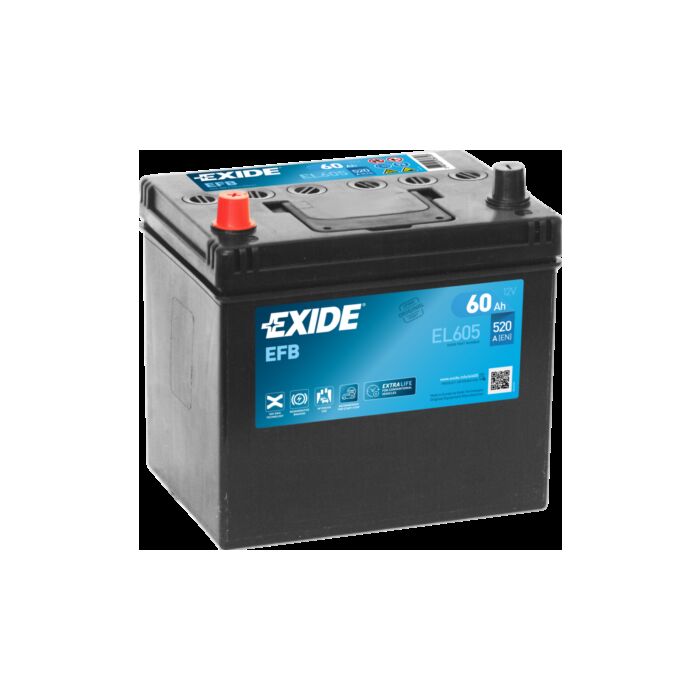 EXIDE EFB EL605 STARTBATTERI 12V 60AH (230x173x222mm) Polstilling 4 - Plusspol til venstre
