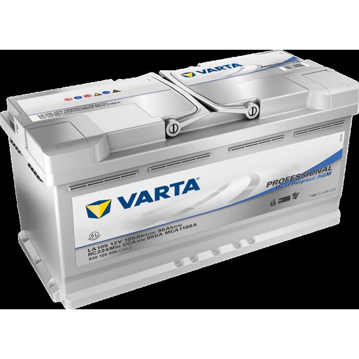 VARTA AGM Fritidsbatteri 12V 105AH 950CCA (394x175x190/190mm) Polstilling 5 - Plusspol til hÃƒÂ¸yre LA105