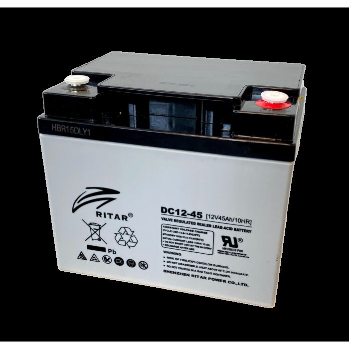 RITAR AGM Deep Cycle Batteri 12V 45AH (197x165x169mm) Polstilling 5 - Plusspol høyre