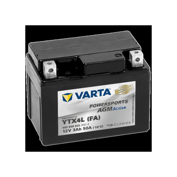 VARTA AGM MC Batteri 12V 3AH 50CCA (113x70x87mm) Polstilling 5 - Plusspol til hÃƒÂ¸yre YTX4L (FA)