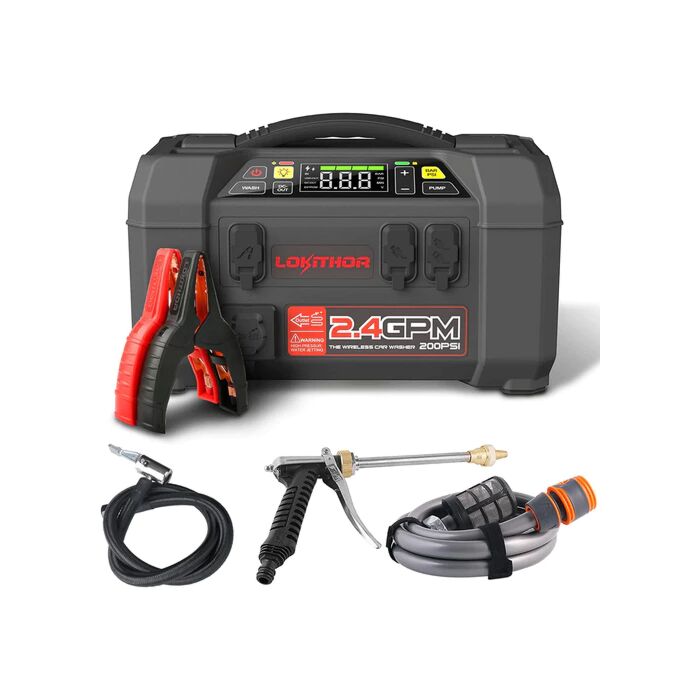 LOKITHOR Lithium Startbooster 2500A med 150 PSI Luftkompressor og 1.5 MPA bÃƒÂ¦rbart hÃƒÂ¸ytrykkspylersett
