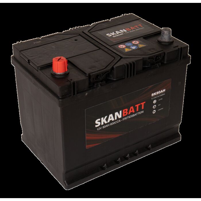 SKANBATT Fritidsbatteri 12V 80AH 600CCA (256x174x205/225mm) Polstilling 4 - Plusspol til venstre