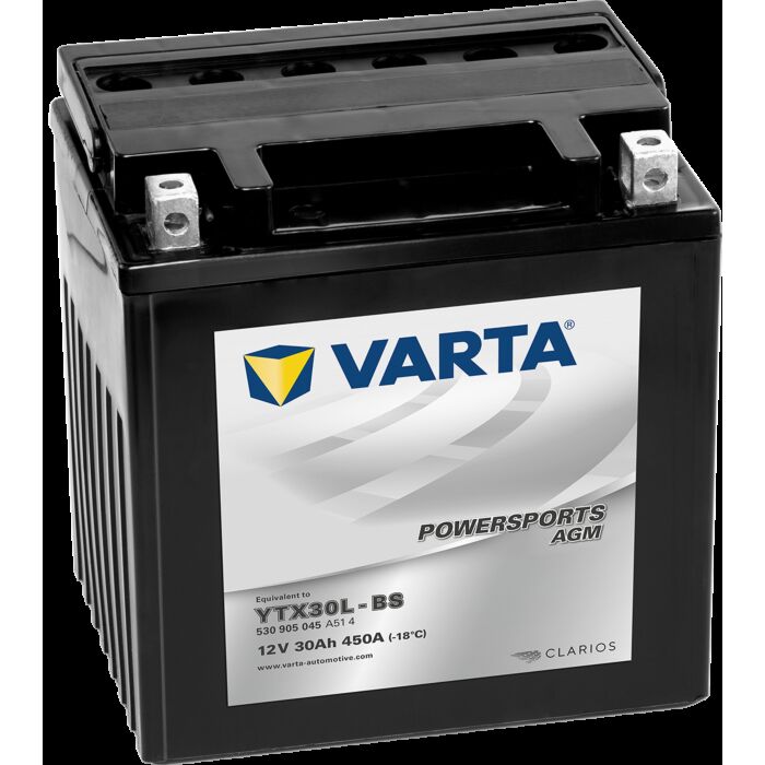 VARTA AGM MC Batteri 12V 30AH 450CCA (166x127x175mm) Polstilling 5 - Plusspol til hÃƒÂ¸yre YTX30L-BS